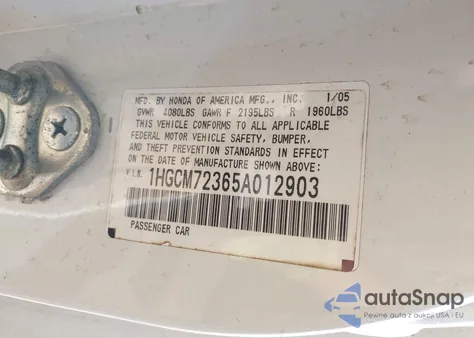 2005 Honda Accord 2.4 Lx z USA, uszkodzony, nr VIN 1HGCM72365A012903